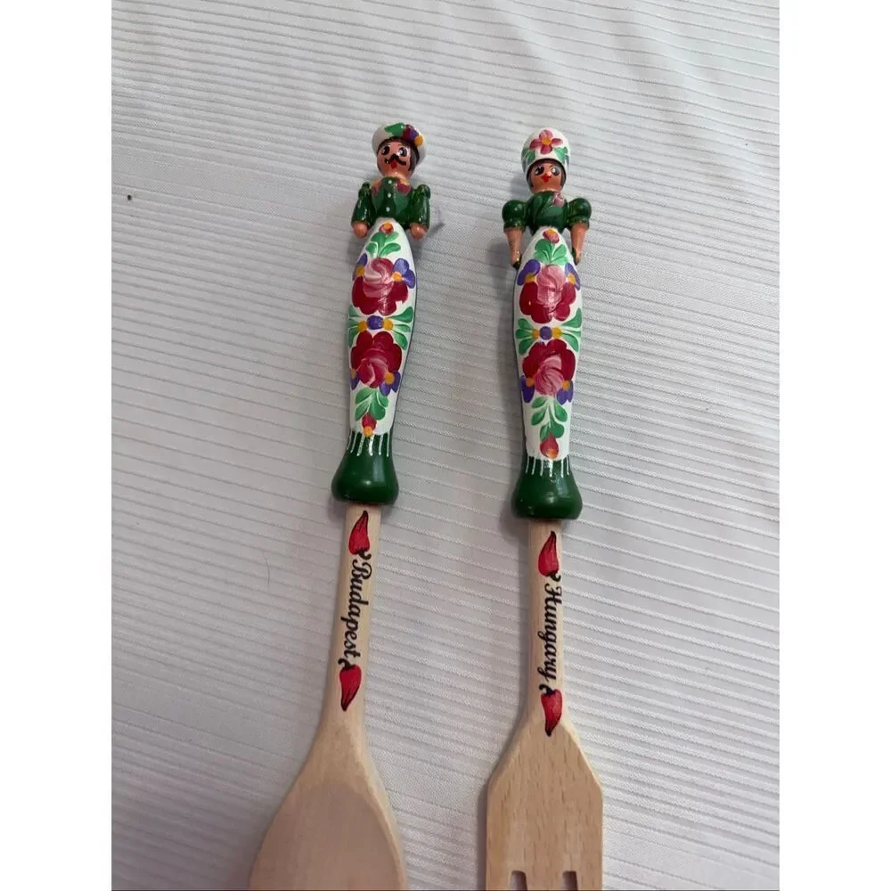 Vintage Hungarian Lady and Man Wood Salad Serving Fork and Spoon